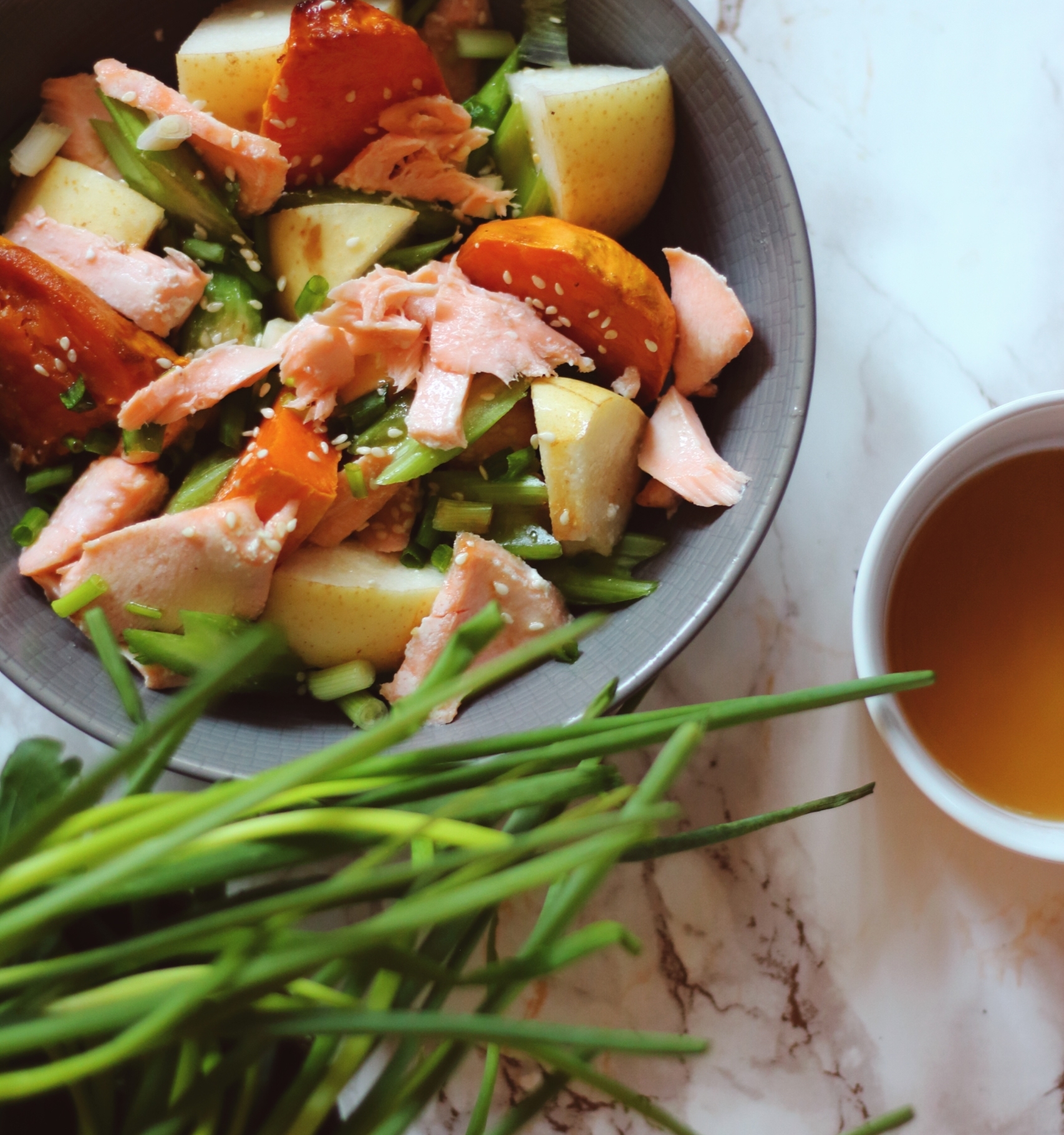 Roasted salmon, asian pear & sweet potato salad